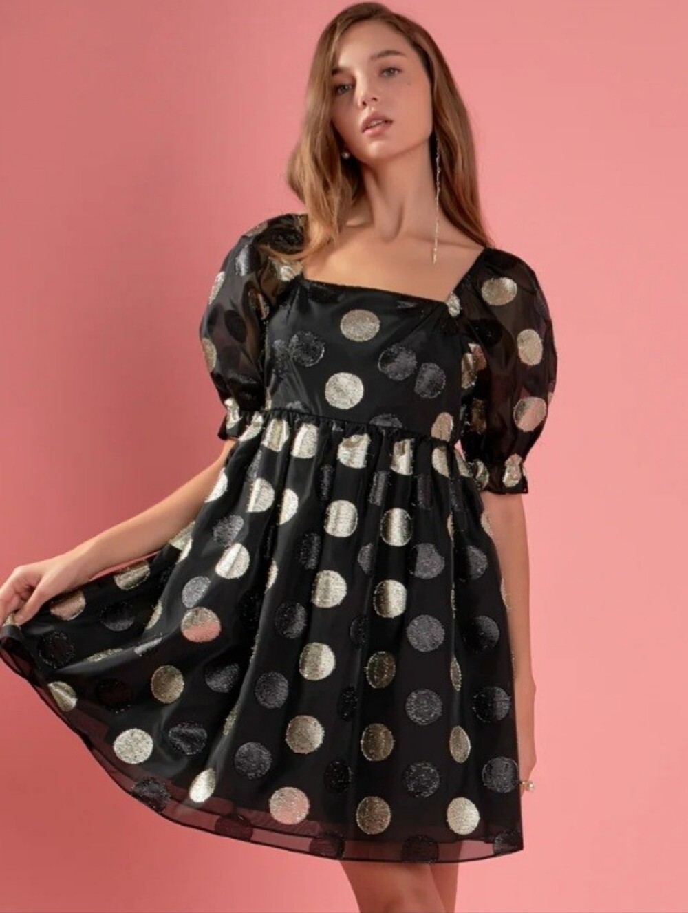 $140 Revolve Metallic Dot Puff Sleeve Organza Mini Dress, Medium